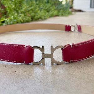 Salvatore Ferragamo Red Leather Belt with Logo and White Contrast Stitching